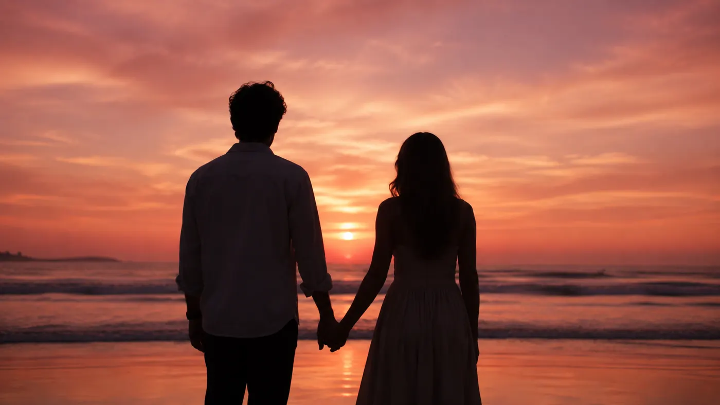 Dreamy sunset silhouette — aesthetic couple picture idea