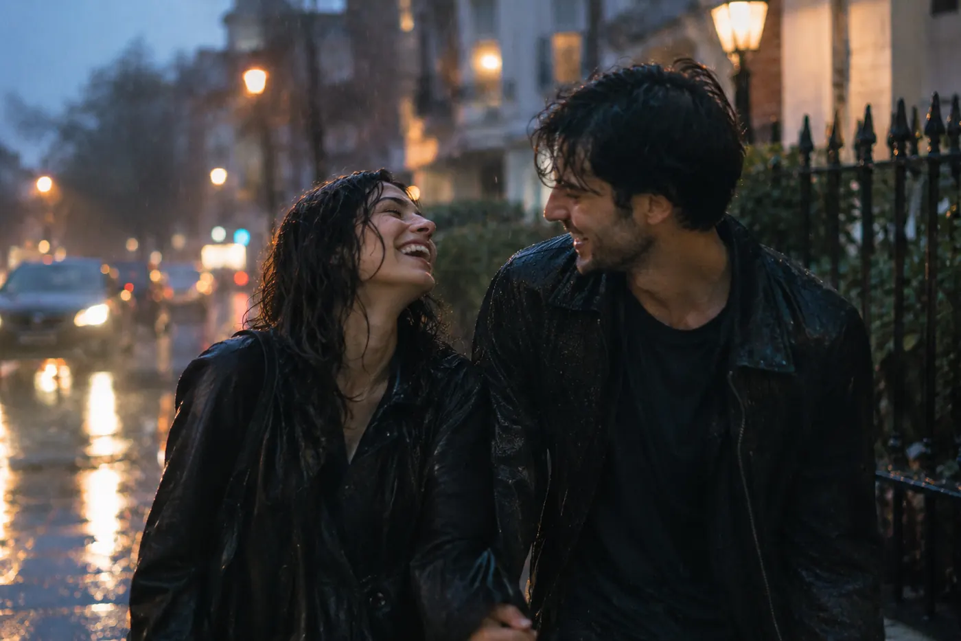 Running through the rain together — dreamy couple goals moment